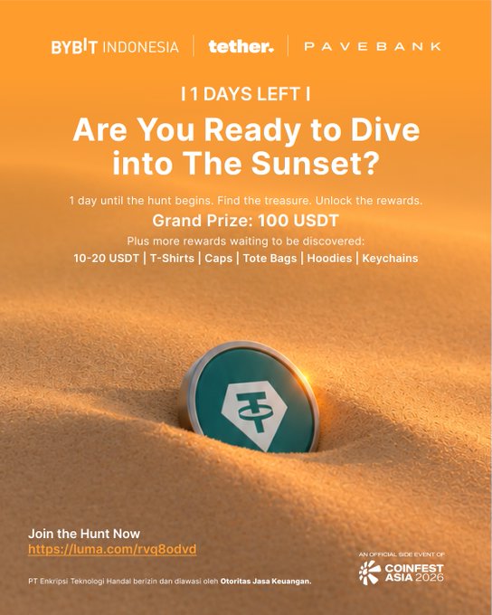 A promotional graphic for Bybit Indonesia, Tether, and PaveBank featuring the text '11 DAYS LEFT | Are You Ready to Dive into The Sunset?' with a grand prize of 100 USDT and other rewards like t-shirts and hoodies.
