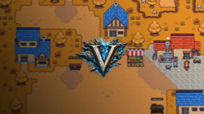 A pixel-art village scene from the game Stardew Valley is overlaid with the icy blue metallic logo "V" in the center.