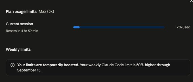 A screenshot of a 'Plan usage limits' interface showing 7% used for the current session with a boosted weekly Claude Code limit notice.