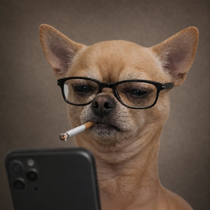 A humorous photo of a small brown Chihuahua wearing black-rimmed glasses and holding a cigarette in its mouth, appearing to look at a smartphone.