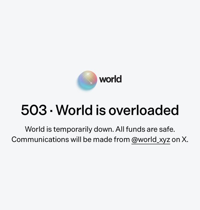 An error message screen displaying "503 · World is overloaded" with the World logo, noting "World is temporarily down. All funds are safe. Communications will be made from @world_xyz on X."
