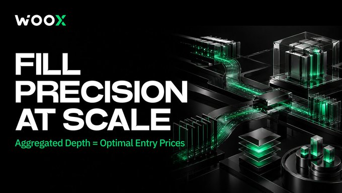 An advertisement for wOOx displays the text 'FILL PRECISION AT SCALE' and 'Aggregated Depth = Optimal Entry Prices' over a dark background featuring 3D-rendered technological structures with glowing green accents.