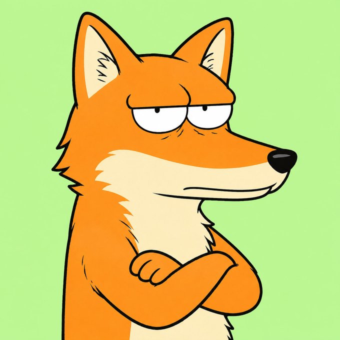 A cartoon illustration of an orange fox with a skeptical expression, standing with its arms crossed against a light green background.
