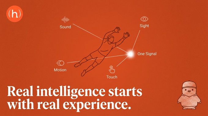 Brand graphic with red background showing a figure experiencing multiple senses (Sound, Sight, Touch, Motion) labeled 'One Signal' with the tagline 'Real intelligence starts with real experience' and a small mascot