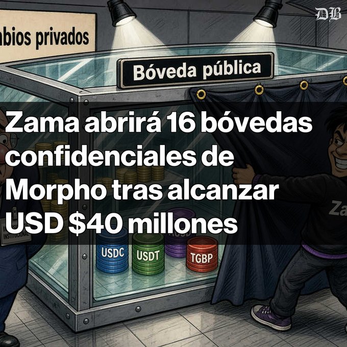 A news graphic with Spanish text "Zama abrirá 16 bóvedas confidenciales de Morpho tras alcanzar USD $40 millones" showing an illustrated vault labeled "Bóveda pública" containing USDC, USDT, and TGBP cryptocurrency coins