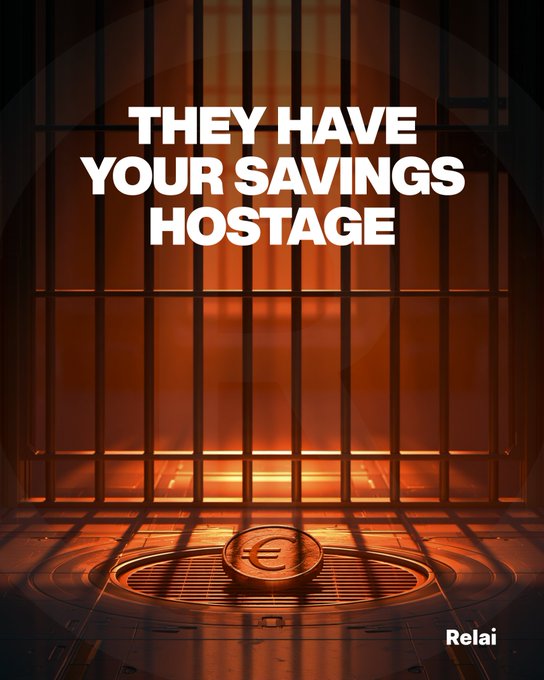An advertisement for Relai featuring a glowing coin trapped behind prison bars with the text 'THEY HAVE YOUR SAVINGS HOSTAGE'.