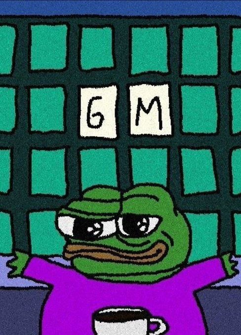 A meme illustration featuring a green Pepe frog wearing sunglasses and a purple shirt, holding a coffee mug in front of a green grid background displaying the letters 'GM' (Good Morning).