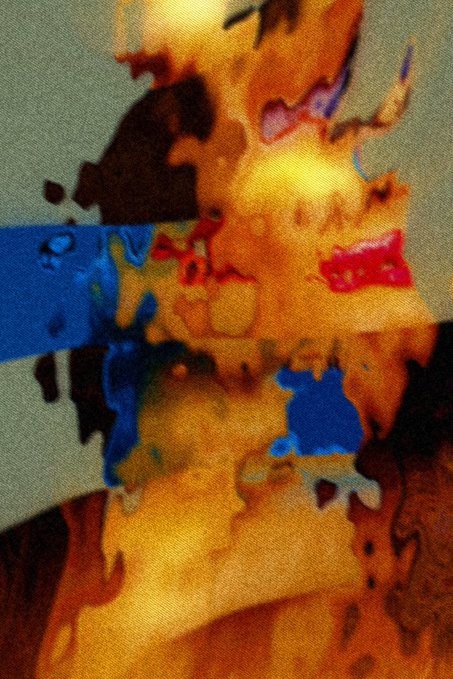 A distorted, abstract image with melted colors of orange, blue, and red, appearing to show a warped figure with an indistinct face.