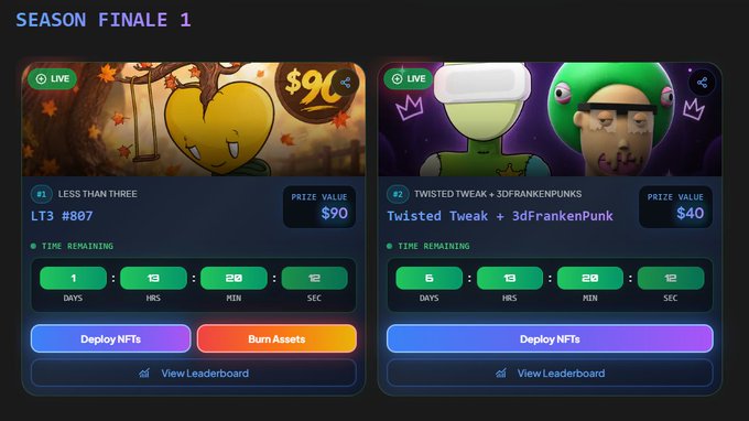 A digital interface showing 'SEASON FINALE 1' with two NFT auctions: 'LESS THAN THREE #807' at $90 and 'Twisted Tweak + 3dFrankenPunk' at $40.