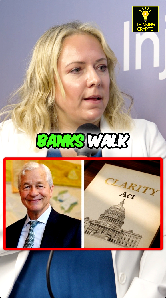 The image shows a blonde woman speaking at a microphone with the text "BANKS WALK" overlaid, alongside an inset featuring Jamie Dimon's portrait next to a "CLARITY Act" document with the U.S. Capitol, accompanied by a "Thinking Crypto" logo—visually representing the post's message about banks, led by Dimon, continuing to oppose the CLARITY Act and stablecoin/DeFi provisions as discussed by Summer Mersinger.