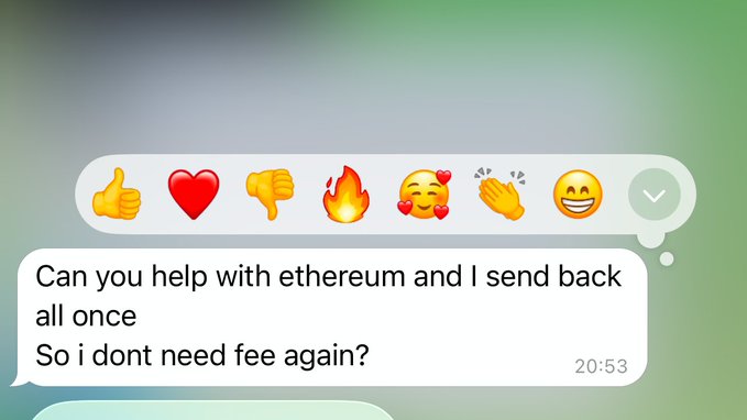 The image shows a text message conversation between two people discussing an offer related to Ethereum. The person on the left side of the screen has sent a message with emojis, including a heart, fire, and smiley face, as well as some other emojis like thumbs up and dislike signs. They are talking about whether or not they should send Etherium and pay the transaction fee again.
