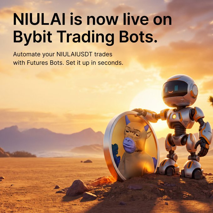 A friendly robot stands beside a coin featuring a bull mascot at sunset in a desert landscape, with text announcing "NIULAI is now live on Bybit Trading Bots" and inviting users to automate their NIULAIUSDT trades using Futures Bots, set up in seconds. The imagery of the robot represents automated trading bots while the bull mascot symbolizes the bullish crypto trading potential highlighted in the accompanying post.