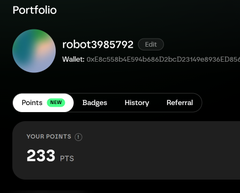 A screenshot of a portfolio page showing the username 'robot3985792' with an 'Edit' button, navigation tabs including 'Points' and 'Badges', and a points balance of '233 PTS'.