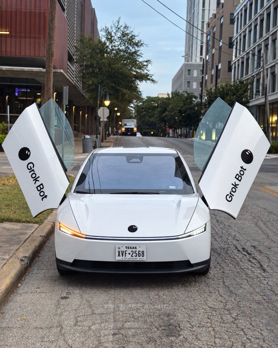 A white car with 'Grok Bot' branding on its open scissor doors parked on an urban street with a Texas license plate 'X VF-2568'.