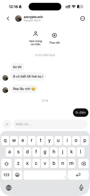 A Vietnamese Instagram DM conversation on a phone screen, with the user replying 'th diên' to messages including 'Rep lâu vch'.