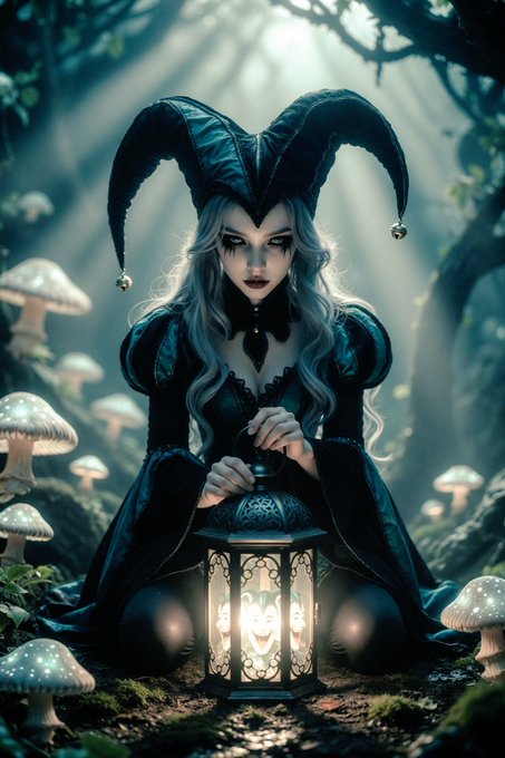 Fantasy digital artwork of a pale woman with long white hair wearing a black jester hat and Victorian-style dress, holding an ornate glowing lantern in a forest surrounded by large mushrooms.