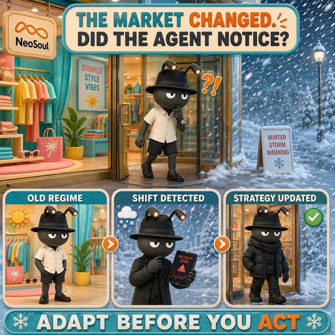 Promotional graphic for NeoSoul titled 'THE MARKET CHANGED. DID THE AGENT NOTICE?' showing an ant character adapting from summer to winter storm attire, with sections labeled 'OLD REGIME,' 'SHIFT DETECTED,' and 'STRATEGY UPDATED.'