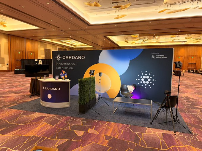 A Cardano booth at the RareEvo conference, featuring the "Innovation you can build on" tagline alongside the Cardano Foundation logo, is set up with lighting equipment, a branded counter, and a small plant display, inviting attendees to stop by and engage with the team.