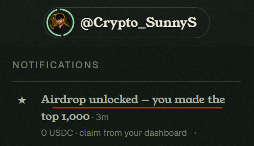 A notification from @Crypto_SunnyS announcing an "Airdrop unlocked – you made the top 1,000" with 0 USDC to claim from your dashboard, which directly supports the post's claim of achieving a notable rank (#102) in an airdrop with an unknown reward amount.