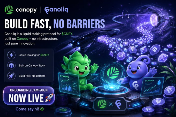 A promotional graphic for Canoliq, a liquid staking protocol for $CNPY built on Canopy, featuring mascot characters and the tagline "BUILD FAST, NO BARRIERS" with an onboarding campaign announcement.