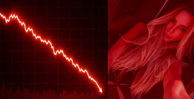 A split image with a red glowing downward-trending chart on the left and a woman bathed in red light on the right, suggesting a financial decline theme.