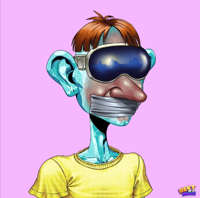 A digital NFT-style illustration titled 'REKT KID' showing a cartoonish character with a faceted blue crystalline body, large ski goggles, a long nose, and a mouth covered by duct tape, wearing a yellow shirt against a pink background.