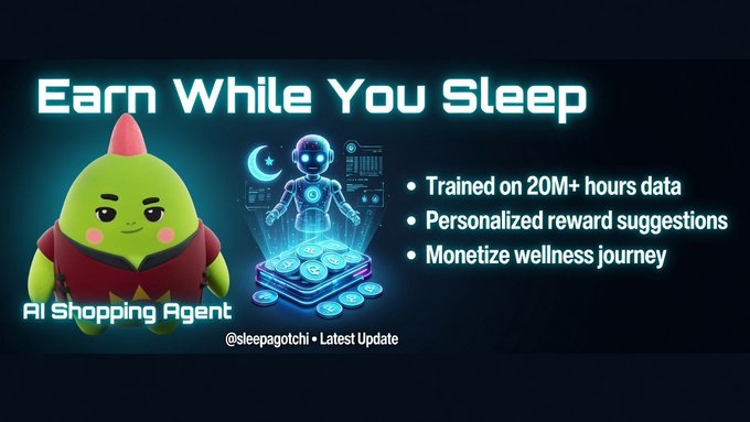 An infographic promoting @sleepagotchi's "AI Shopping Agent" with a green reptilian mascot reading "Earn While You Sleep," alongside bullet points highlighting features: "Trained on 20M+ hours data," "Personalized reward suggestions," and "Monetize wellness journey." The image reinforces the accompanying post's theme of earning rewards effortlessly through AI-powered personalization while users rest.