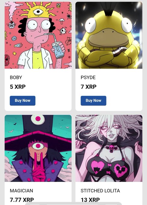 The image shows a marketplace for XRP-priced digital art, featuring four collectible items: "BOBY" (5 XRP) and "MAGICIAN" (7.77 XRP) from Rick and Morty, alongside "PSYDE" (7 XRP) showing Psyduck and "STITCHED LOLITA" (13 XRP) as an anime-style character. Each listing has a "Buy Now" button, directly tying to the post's promotion of buying XRP fine art at xrp.cafe's LOL collection.