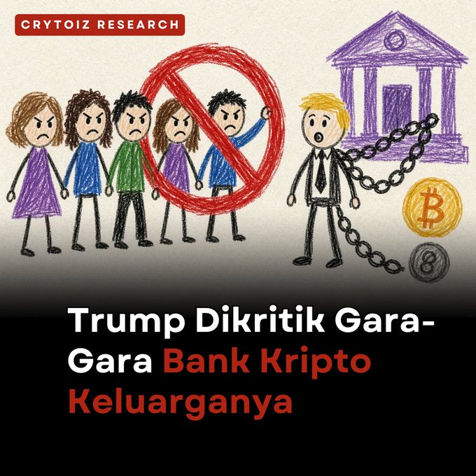 A cartoon illustration from "CRYTOIZ RESEARCH" showing stick figures protesting against a chained figure with Bitcoin logos, with the text "Trump Dikritik Gara-Gara Bank Kripto Keluarganya" at the bottom.