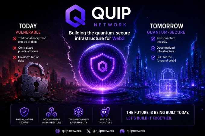 A promotional graphic for 'QUIP NETWORK' advertises quantum-secure infrastructure for Web3, contrasting 'TODAY VULNERABLE' traditional encryption with 'TOMORROW QUANTUM-SECURE' decentralized solutions.
