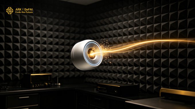 A metallic speaker emits a glowing orange signal beam across a dark, soundproofed room, visually representing the act of amplifying and broadcasting a clear message. The "ARK | DeFAI - Code the Future" logo in the corner ties the imagery to the post's theme of using Arkie AI to transform ideas into powerful, ecosystem-moving signals.