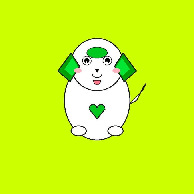 A cute cartoon illustration of a white round character with green diamond-shaped ears, a green heart on its chest, and a small tail on a bright yellow-green background.