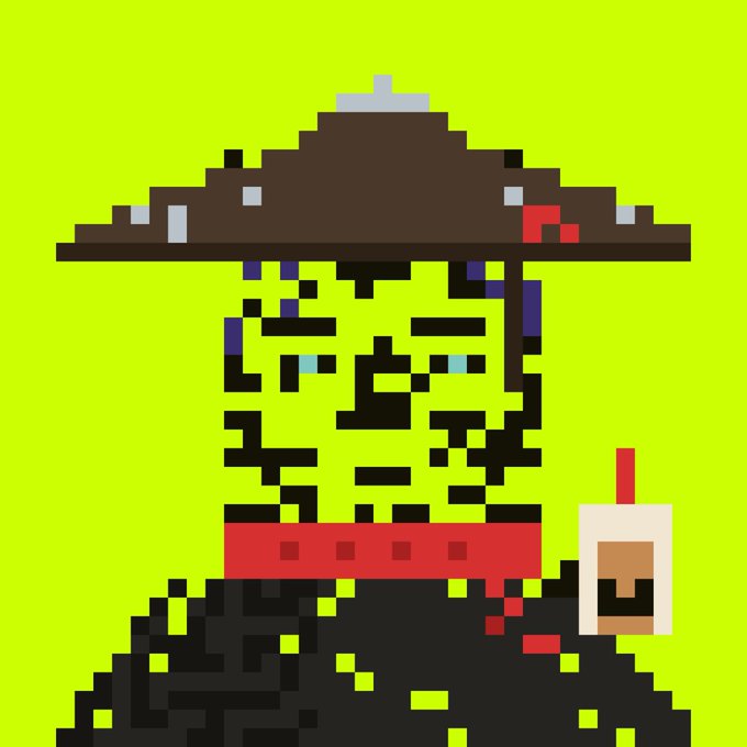 A pixel art figure with a wide-brimmed hat, green skin, and a red scarf holds a drink against a lime green background, matching the 1/1 NFT posted by @HoodCatZNFT.