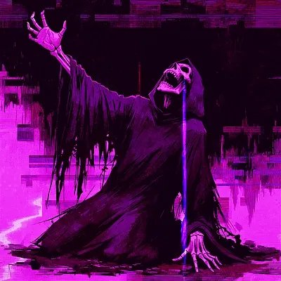 A stylized dark illustration of a hooded figure with one arm raised and mouth open in a scream, set against a glitchy purple and black background with a dripping effect.