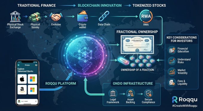 An infographic titled with headings 'TRADITIONAL FINANCE', 'BLOCKCHAIN INNOVATION', and 'TOKENIZED STOCKS' explaining a process flow, featuring a mobile phone mockup for 'Roqqu' and key considerations for investors.