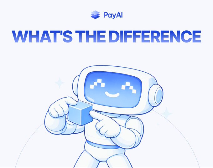 A PayAI promotional graphic featuring a cute blue and white robot mascot holding a cube, with the headline 'WHAT'S THE DIFFERENCE' in bold blue text.