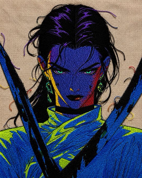 A stylized digital illustration depicts a character with purple-tinted skin, glowing green eyes, and dark hair, wearing a blue and green outfit with crossed black straps.