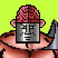 A pixel art illustration of a character with a grey, blocky head and red, brain-like hair against a bright green background.
