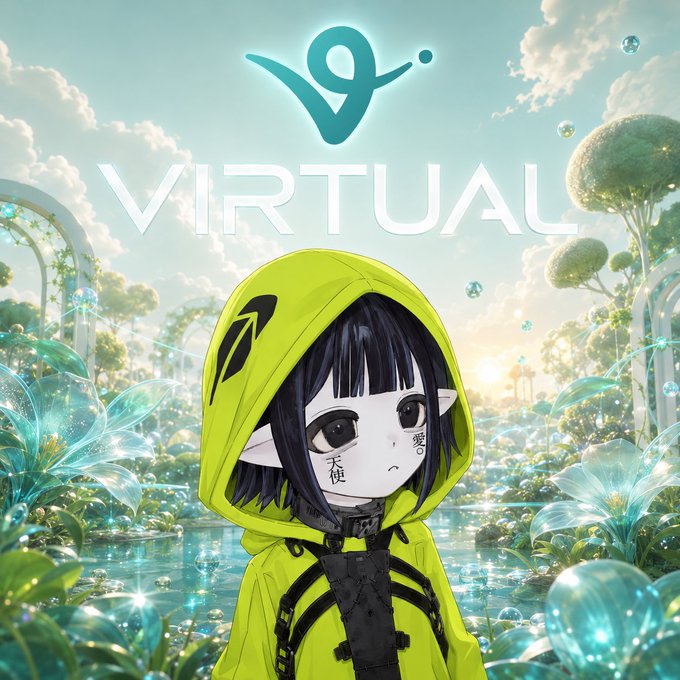 A digital artwork featuring a chibi-style character in a neon yellow hooded jacket with the text 'V9 VIRTUAL' displayed above in a fantasy garden setting.