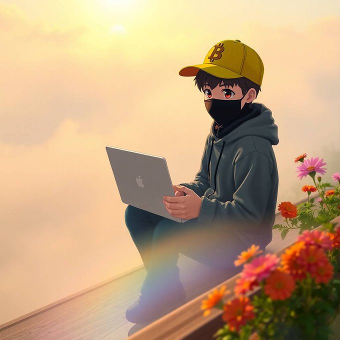 An anime-style illustration of a young person wearing a yellow Bitcoin cap and black face mask, sitting on a ledge using an Apple laptop, surrounded by colorful flowers against a sunset sky.
