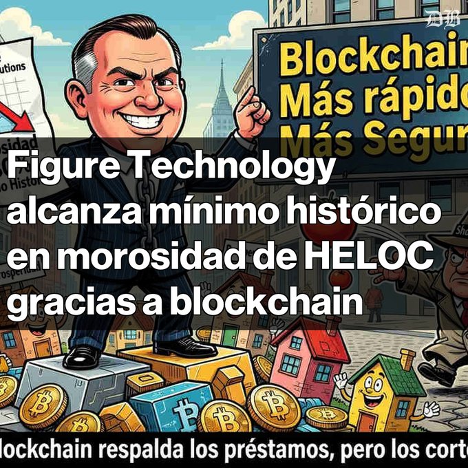 A cartoon caricature of a businessman standing on Bitcoin coins and houses with text in Spanish: 'Figure Technology alcanza mínimo histórico en morosidad de HELOC gracias a blockchain' and 'Blockchain respalda los préstamos, pero los cort...' visible.
