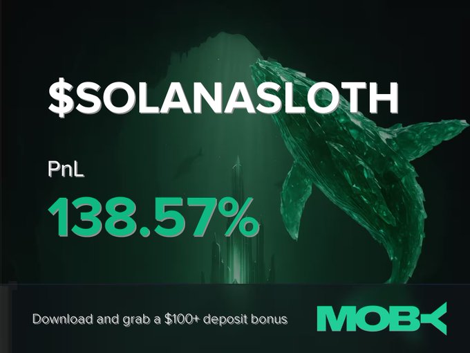 A promotional graphic for Moby Mobile showcases a trader closing the $SOLANASLOTH position with a PnL of 138.57%, visually supporting the "Win Alert" with a whale underwater and a call-to-action to claim a $100+ deposit bonus.