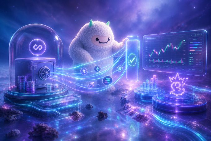 A fluffy white yeti mascot stands between a safe under a glass dome and a glowing crypto trading chart displaying a bullish upward trend, illustrating how BULK's Unified Margin feature allows users to leverage funds locked in lending protocols like Loopscale for active trading.