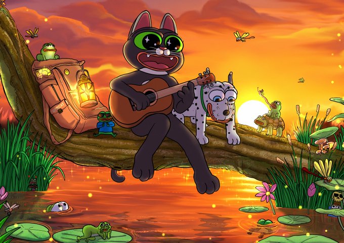 An illustrated scene of a black cat with green eyes playing guitar on a tree branch alongside a Dalmatian puppy, surrounded by frogs, turtles, and dragonflies against a sunset.