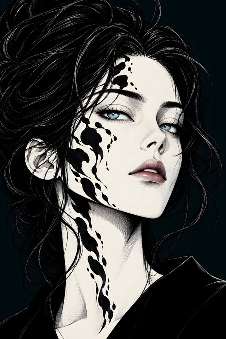 A stylized digital illustration of a woman with flowing dark hair and striking blue eyes, featuring artistic black ink-like patterns across her face and neck against a dark teal background.