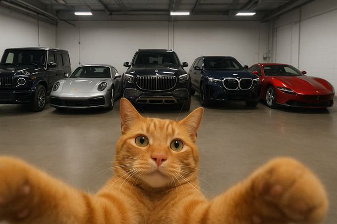 An orange tabby cat in the foreground appears to take a selfie with its paws extended, with several luxury and sports cars including a Mercedes G-Wagon, Porsche 911, Maybach, BMW, and Tesla parked in a garage behind it.