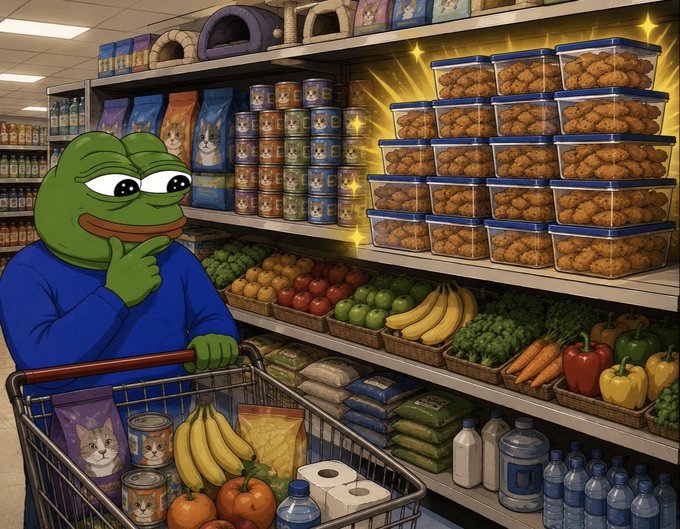 An illustration of Pepe the Frog in a blue shirt standing thoughtfully in a pet store aisle, holding a shopping cart filled with groceries while admiring a glowing display of pet treats.