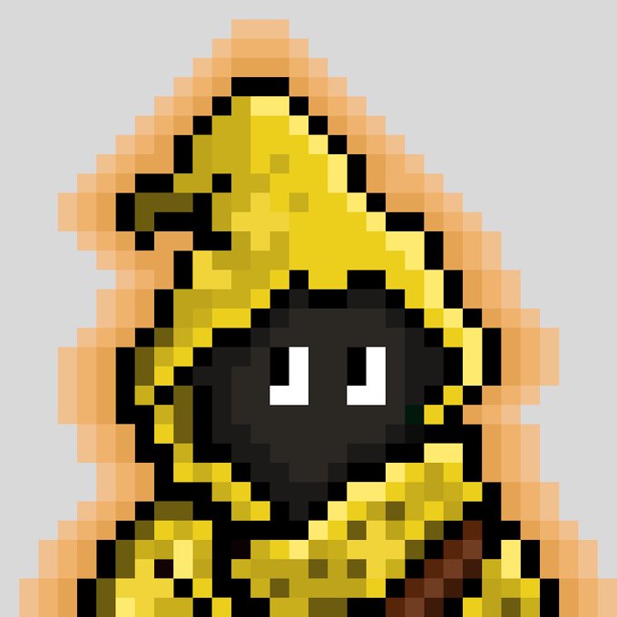 A low-resolution, pixelated image showing a yellow figure with a black face and white eyes against a peach-colored background.