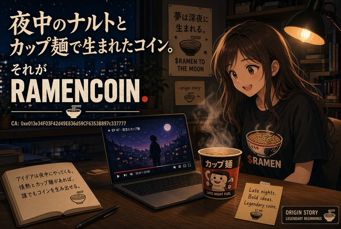 Anime-style promotional artwork for 'RAMENCOIN' featuring Japanese text, a CA (contract address), an anime girl in a dark room with a laptop, a cup noodle, and the slogan '$RAMEN TO THE MOON'.