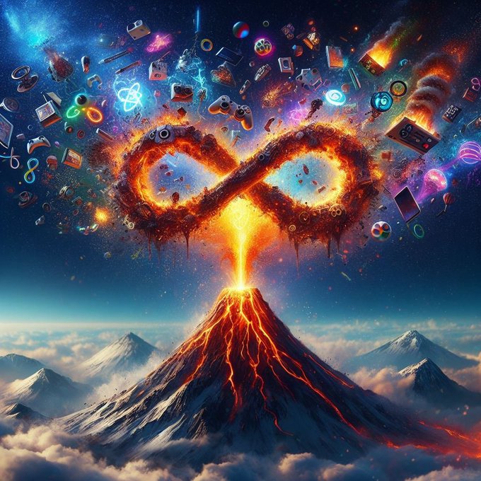 A surreal digital artwork shows a glowing volcano spewing lava, with an infinity-symbol-shaped ring of fire floating above it amid a chaotic explosion of gaming and pop-culture objects like controllers, headphones, and speakers.